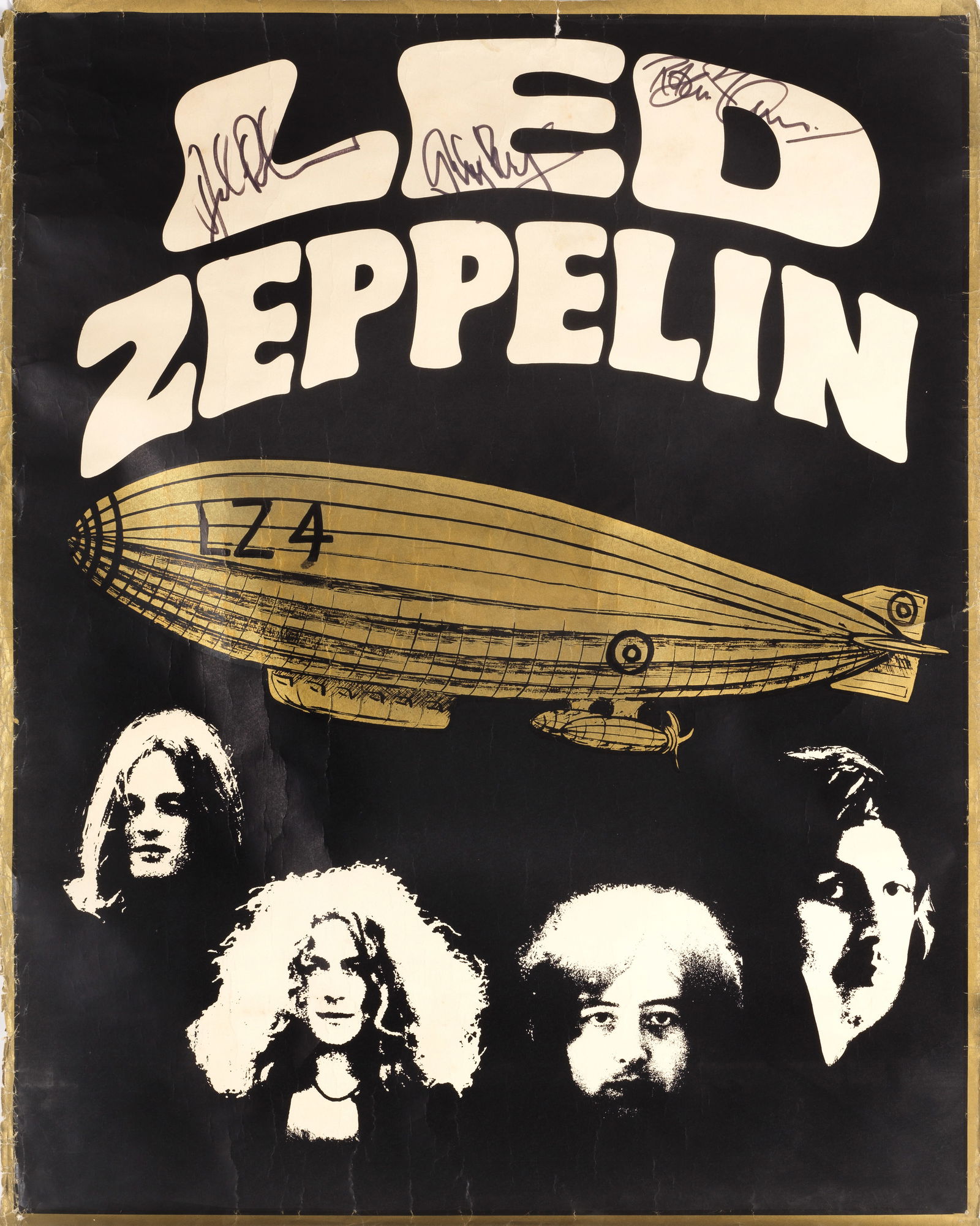 Led Zeppelin: An Autographed Original Merchandise Poster, With Concert Ticket, 1971,: Led Zeppelin: An Autographed Original Merchandise Poster, With Concert Ticket, 1971, the poster signed by John Bonham, Jimmy Page and Robert Plant in black marker, featuring an image of a Zeppelin let