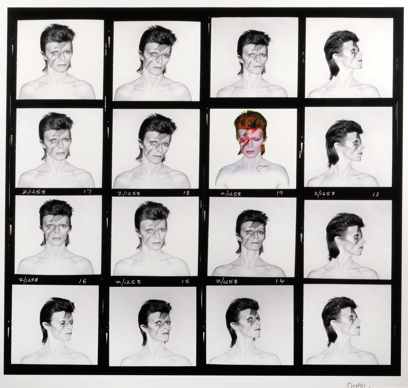 Brian Duffy (British, B.1933 - D.2010): David Bowie Aladdin Sane Contact Sheet, 1973, printed la...: Brian Duffy (British, B.1933 - D.2010): David Bowie Aladdin Sane Contact Sheet, 1973, printed later, no.3 from the Worldwide Edition of 25, the K3 Ultrachrome archival print signed by Duffy in black i