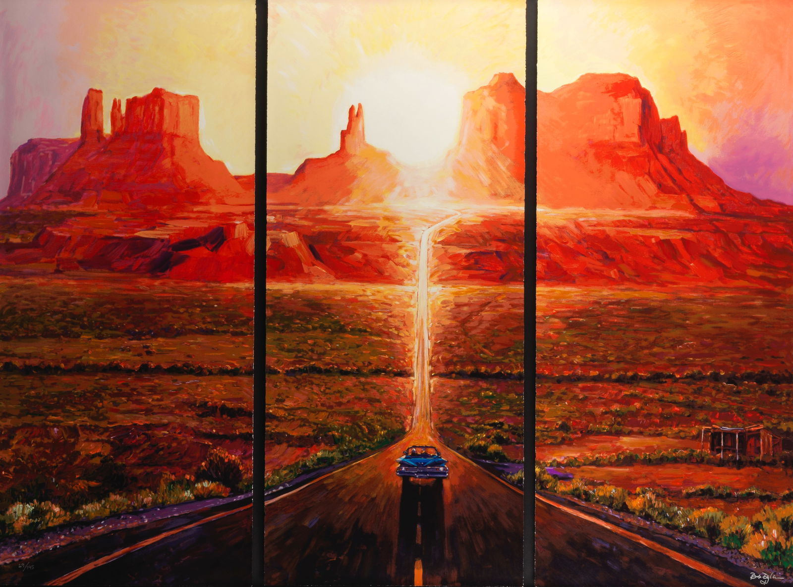 Bob Dylan (American, born 1941): Sunset, Monument Valley, 2022,: Bob Dylan (American, born 1941): Sunset, Monument Valley, 2022, no. 29/195, a triptych, each print with layers of acrylic resin ink and brushstroke layers on card plus UV varnish, signed as an auto si