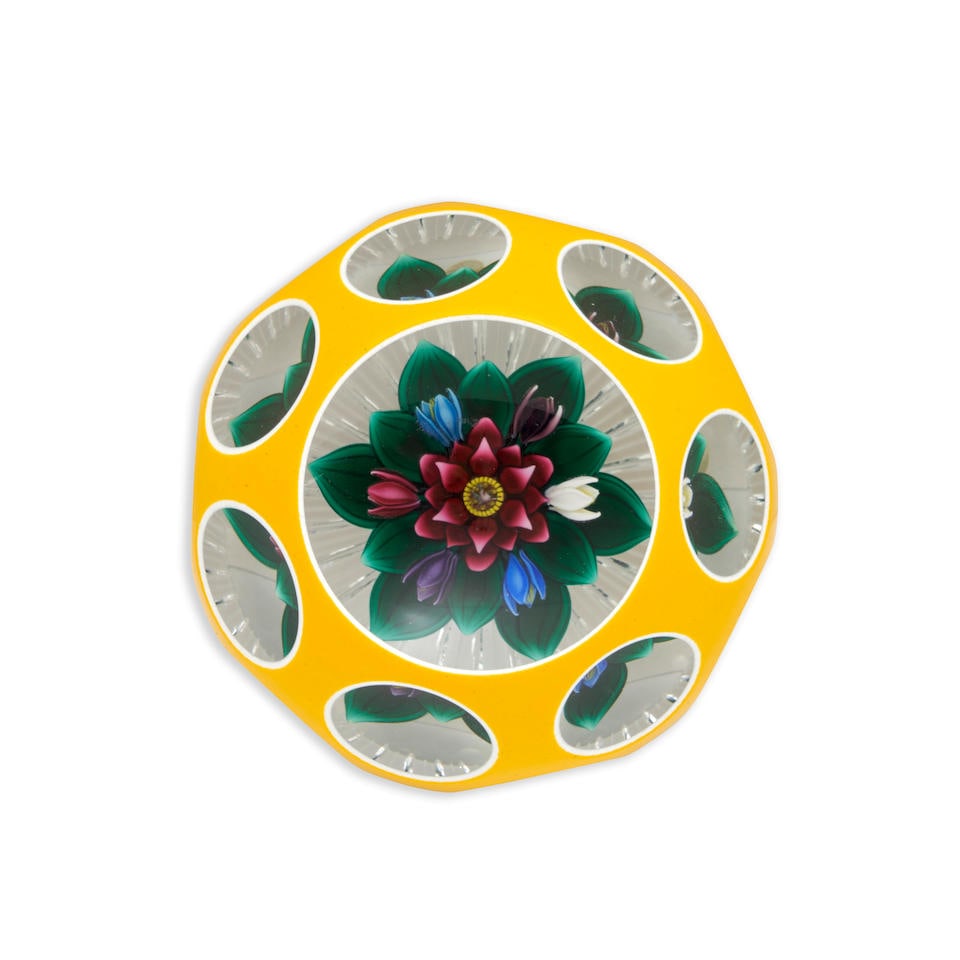 BOB BANFORD (B. 1951) DOUBLE-OVERLAY PAPERWEIGHT WITH FLORAL BOUQUET, United States, late 20th c... (1 of 2)