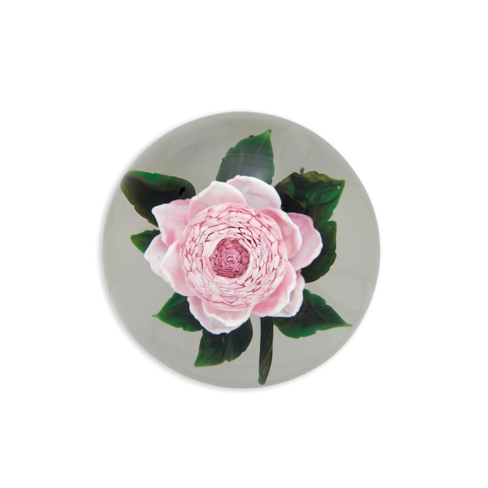 RICK AYOTTE (B. 1944) PINK CABBAGE ROSE PAPERWEIGHT, New Hampshire, signed, editioned and dated ... (1 of 3)