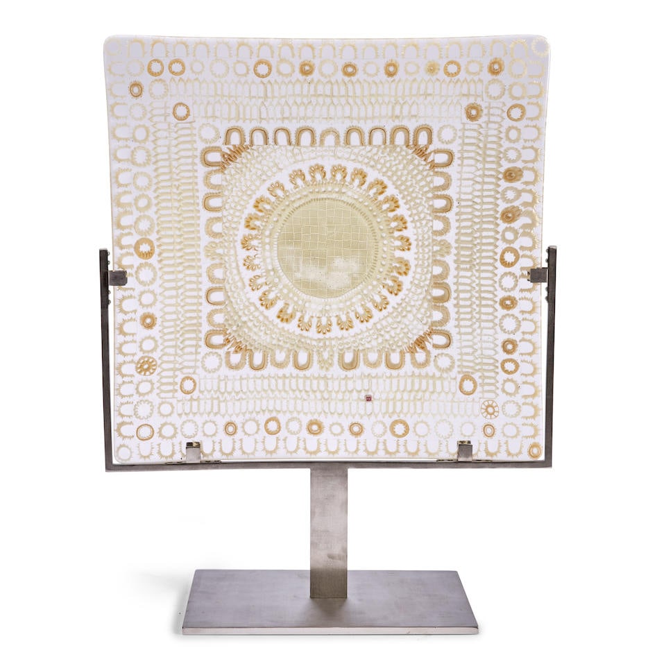 GILES BETTISON (B. 1966) SCULPTURE FROM THE 'LACE' SERIES, Australia, early 21st century, cold a...: GILES BETTISON (B. 1966) SCULPTURE FROM THE 'LACE' SERIES, Australia, early 21st century, cold assembled and hot fused murrine glass, metal display stand, artist's initial cane 'GEB,' sculpture 17 1/2