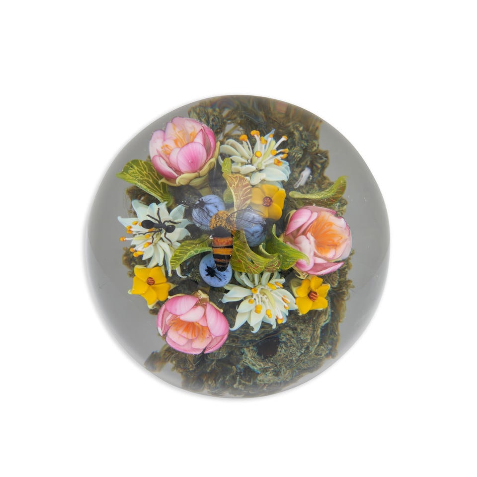 PAUL J. STANKARD (B. 1943) FLORAL BOUQUET WITH HOVERING BEE AND FACES IN ROOTS PAPERWEIGHT, Unit... (1 of 3)