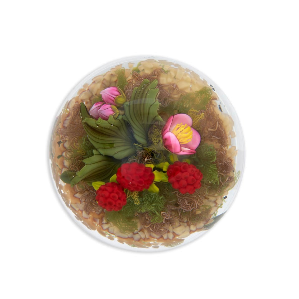 GORDON SMITH (B. 1959) DOUBLE SIDED PAPERWEIGHT WITH FRUIT AND FLORAL BOUQUETS, Arizona, signed ...: GORDON SMITH (B. 1959) DOUBLE SIDED PAPERWEIGHT WITH FRUIT AND FLORAL BOUQUETS, Arizona, signed and dated 'GS 2009,' dia. 3 in. Footnotes: Provenance: Purchased from Leo Kaplan Ltd., New York in Octob