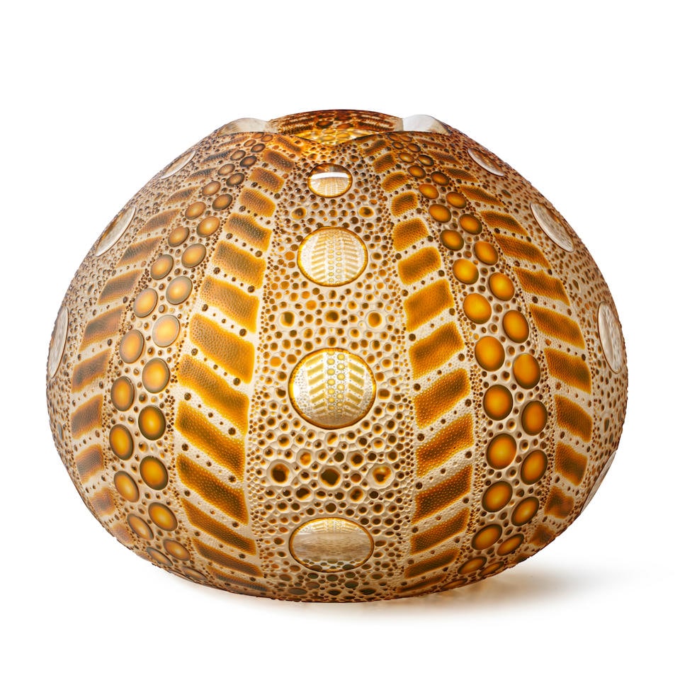 KEVIN GORDON (20TH/21ST CENTURY) 'SEA URCHIN' VASE, Red Hill, Victoria, Australia, blown and dec...: KEVIN GORDON (20TH/21ST CENTURY) 'SEA URCHIN' VASE, Red Hill, Victoria, Australia, blown and decorated glass, signed, titled and dated 'K. Gordon Sea Urchin 08,' ht. 9, dia. 12 in. Footnotes: Provenan