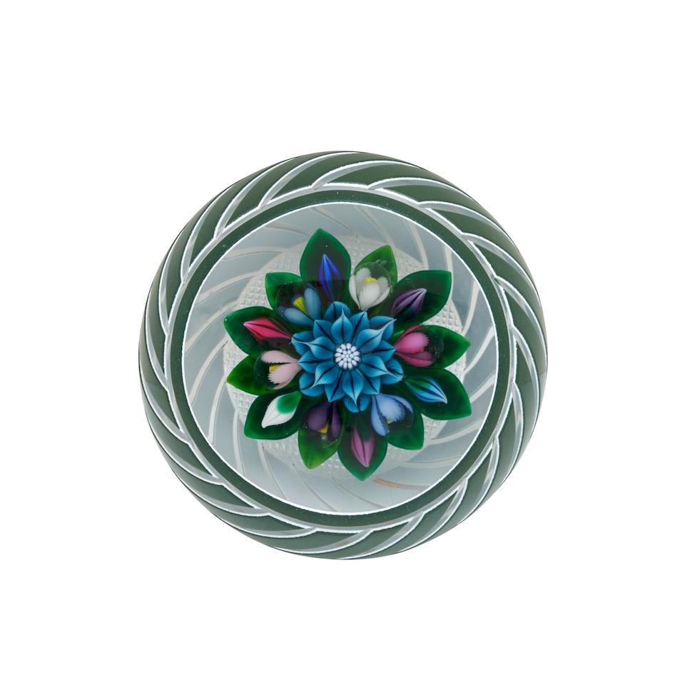 DOUBLE-OVERLAY PAPERWEIGHT WITH FLORAL BOUQUET ATTRIBUTED TO BOB BANFORD, United States, late 20... (1 of 2)