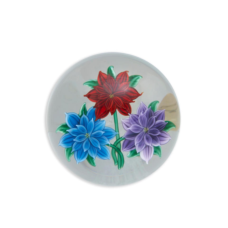 RANDALL GRUBB (B. 1961) PAPERWEIGHT WITH THREE DAHLIAS, Oregon, signed and dated 'Randall Grubb ... (1 of 3)