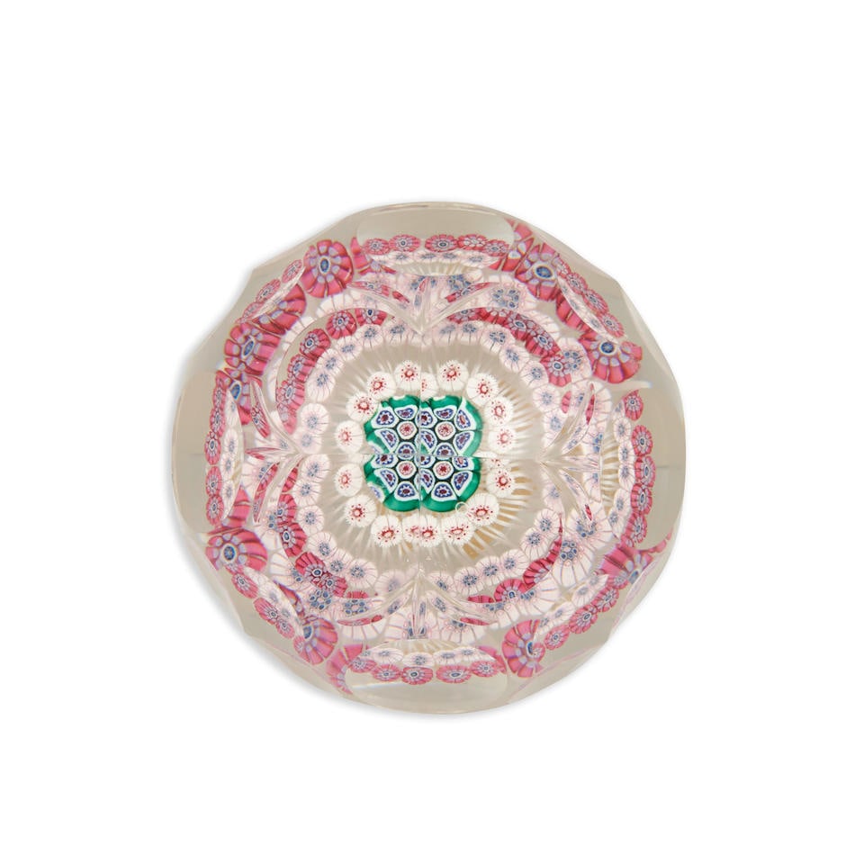 ANTIQUE NEW ENGLAND GLASS CO. FACETED PATTERNED MILLEFIORI PAPERWEIGHT, c. 1860, unmarked, ht. 2... (1 of 2)