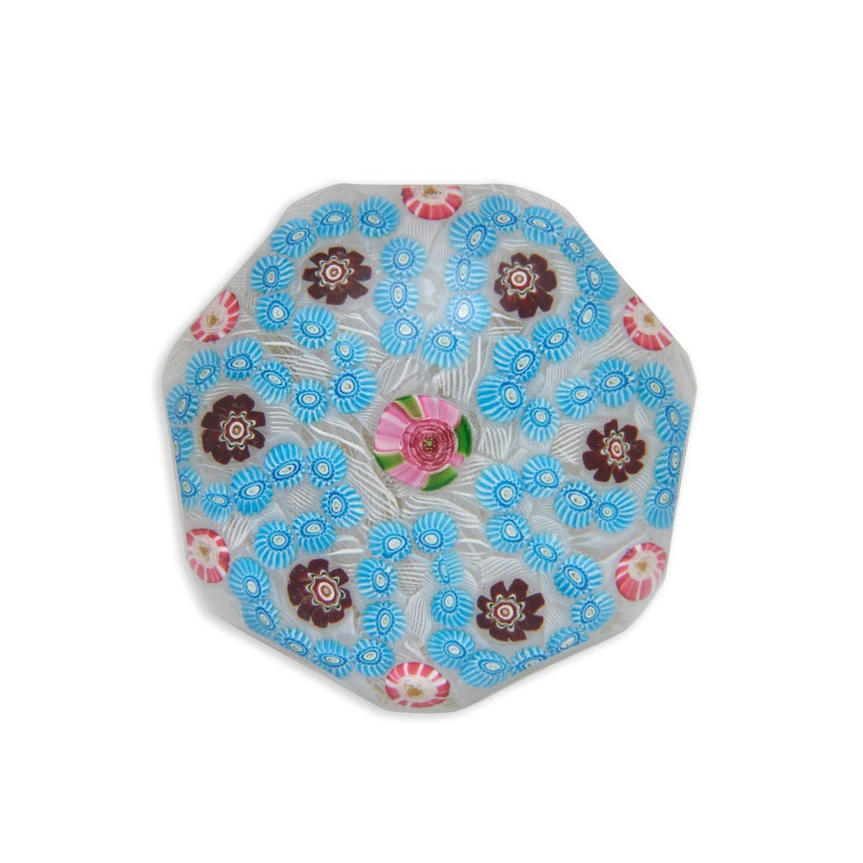 ANTIQUE CLICHY PATTERNED MILLEFIORI FACETED GLASS PAPERWEIGHT, France, c. 1850, turquoise garlan... (1 of 2)