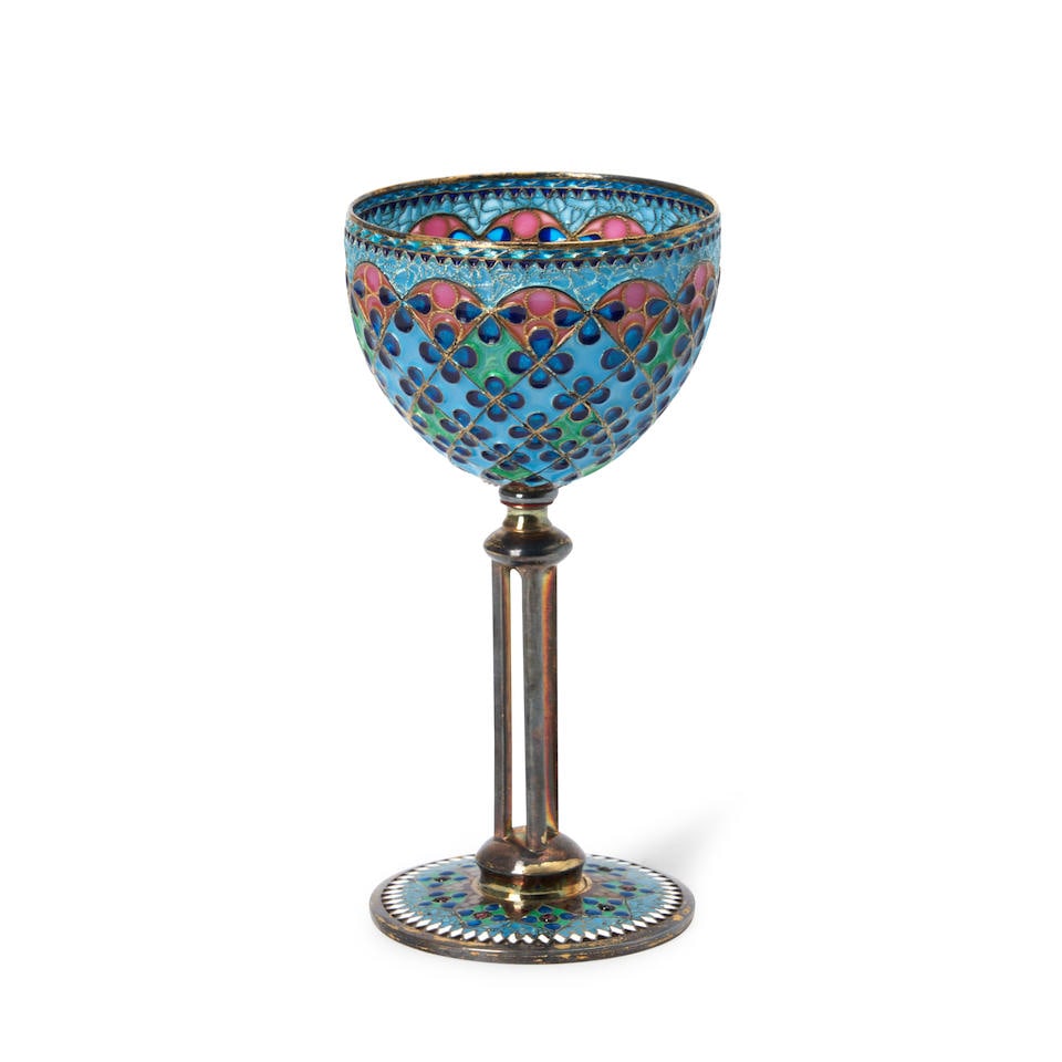 VALERI TIMOFEEV (1941-2014) GOBLET WITH PLIQUE-A-JOUR ENAMEL, United States, early 21st century,...: VALERI TIMOFEEV (1941-2014) GOBLET WITH PLIQUE-A-JOUR ENAMEL, United States, early 21st century, signed 'VT,' ht. 5 5/8 in. Footnotes: Provenance The Joan and Rif Freedman Collection, Massachusetts Fo