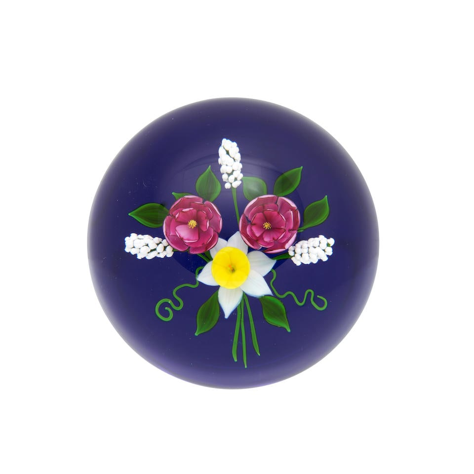 VICTOR TRABUCCO (B. 1949) PAPERWEIGHT WITH BOUQUET OF NARCISSUS AND PEONIES, Clarence, New York,... (1 of 2)