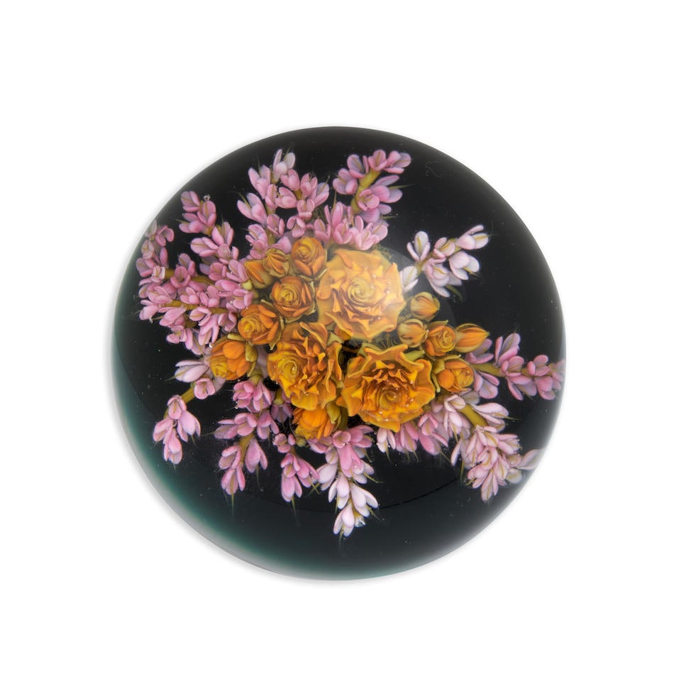 DAVID GRAEBER (2OTH/21ST CENTURY) PAPERWEIGHT WITH LILACS AND ROSES, New Jersey, early 21st cent...: DAVID GRAEBER (2OTH/21ST CENTURY) PAPERWEIGHT WITH LILACS AND ROSES, New Jersey, early 21st century, incised signature 'David J. Graeber ARKOR12,' ht. 2 1/2, dia. 3 1/8 in. Footnotes: Provenance: Purc