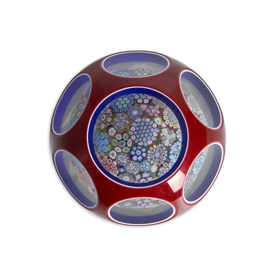 PETER MCDOUGALL (B. 1952) TRIPLE OVERLAY PAPERWEIGHT WITH MILLEFIORI BOUQUET, Crieff, Scotland, ... (1 of 2)