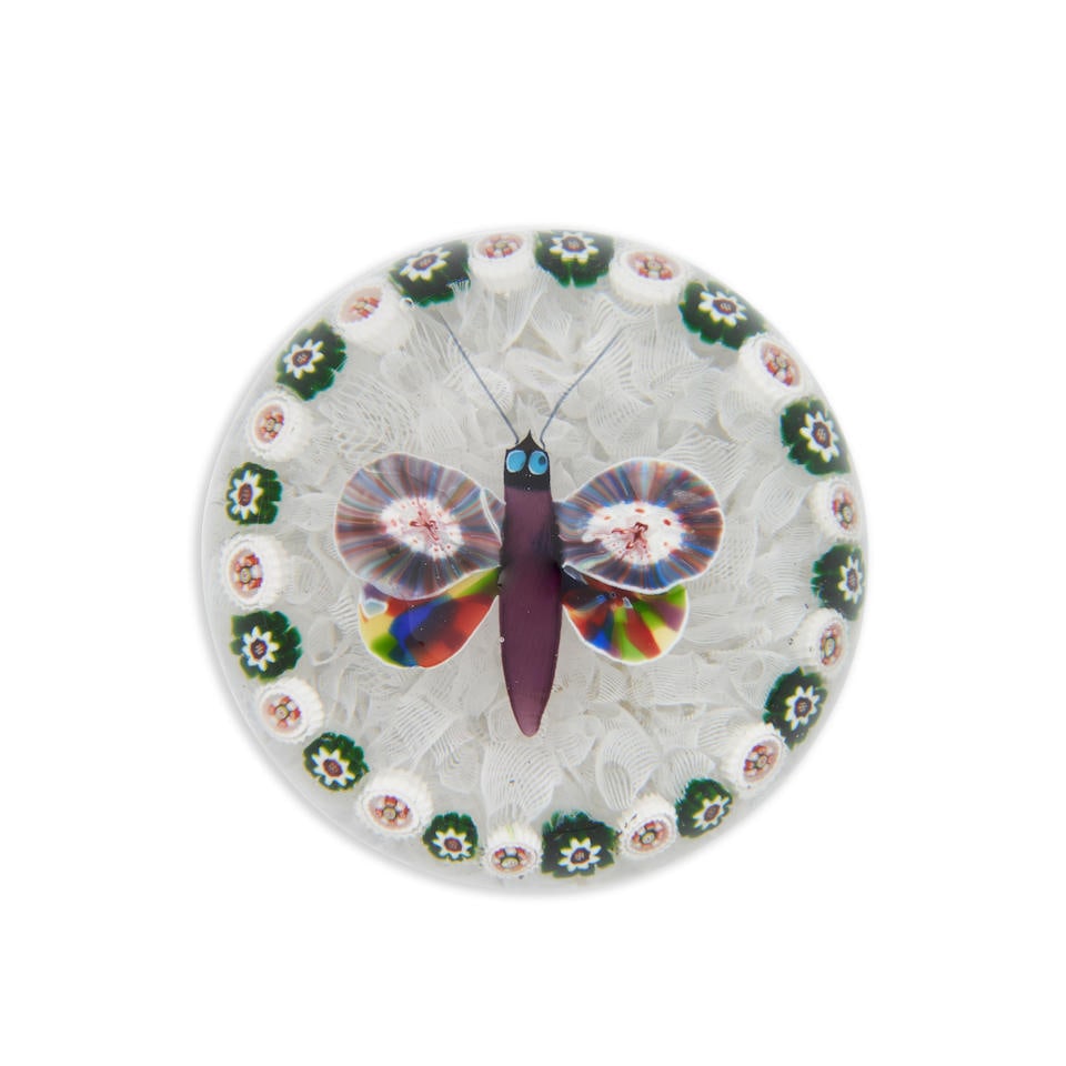 ANTIQUE BACCARAT GARLANDED BUTTERFLY PAPERWEIGHT, France, c. 1850, on an upset muslin ground, un... (1 of 2)