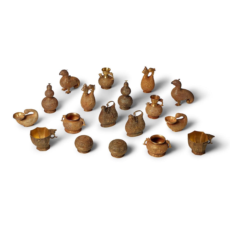 NINE PAIRS OF GOLD WASHED CONTAINERS Tang style, 20th century (18): NINE PAIRS OF GOLD WASHED CONTAINERS Tang style, 20th century Comprising pairs of birds; geese; double gourds; circular boxes with covers; gui-form censers; bird-headed ewers; bird-headed flasks; octa