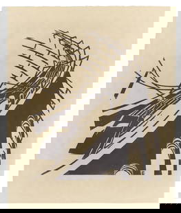 Lill Tschudi (Swiss, 1911-2004) Viaduct Linocut printed in black, circa 1930, on Japan laid pape...: Lill Tschudi (Swiss, 1911-2004) Viaduct (Not in Coppel) Linocut printed in black, circa 1930, on Japan laid paper, with wide margins, framed Sheet 410 x 338mm (16 1/8 x 13 1/4in)
