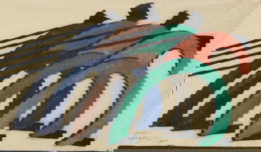 Sybil Andrews CPE (British/Canadian, 1898-1992) Haulers Linocut printed in reddish brown, viridi...: Sybil Andrews CPE (British/Canadian, 1898-1992) Haulers (Coppel SA 4) Linocut printed in reddish brown, viridian, Prussian blue and black, 1929, a strong and vibrant impression, on oriental laid tissu