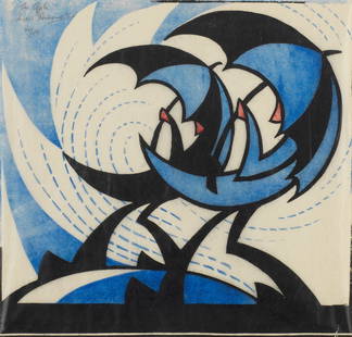 Sybil Andrews CPE (British/Canadian, 1898-1992) The Gale Linocut printed in permanent blue, spec...: Sybil Andrews CPE (British/Canadian, 1898-1992) The Gale (Coppel SA 11) Linocut printed in permanent blue, spectrum red and black, 1930, a very good vibrant impression, on tissue thin oriental laid pa