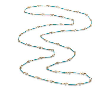 CARLO GIULIANO: ENAMEL AND PEARL CHAIN, CIRCA 1880: CARLO GIULIANO: ENAMEL AND PEARL CHAIN, CIRCA 1880 The fine chain necklace composed of turquoise enamel 'candy twist' batons, alternating with 3.5mm pearls on trace-linking, maker's mark CG, pearls un