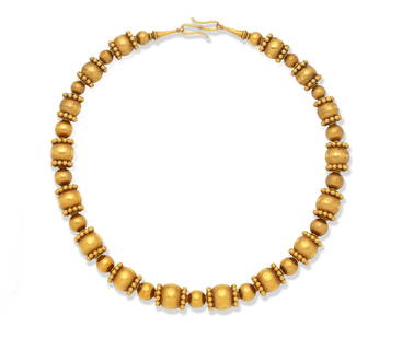 CARLO GIULIANO: GOLD ARCHAEOLOGICAL REVIVAL NECKLACE, CIRCA 1860: CARLO GIULIANO: GOLD ARCHAEOLOGICAL REVIVAL NECKLACE, CIRCA 1860 Composed of spherical gold beads of alternating sizes, the larger beads with granulation detail, on a concealed chain of spiga-linking,