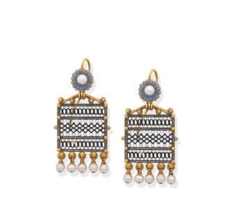 CARLO GIULIANO: ENAMEL PENDENT EARRINGS,: CARLO GIULIANO: ENAMEL PENDENT EARRINGS, CIRCA 1870 Each delicate latticework panel with monochrome enamel decoration, with bead and scroll detail, suspended from a pale blue enamel and half pearl flo