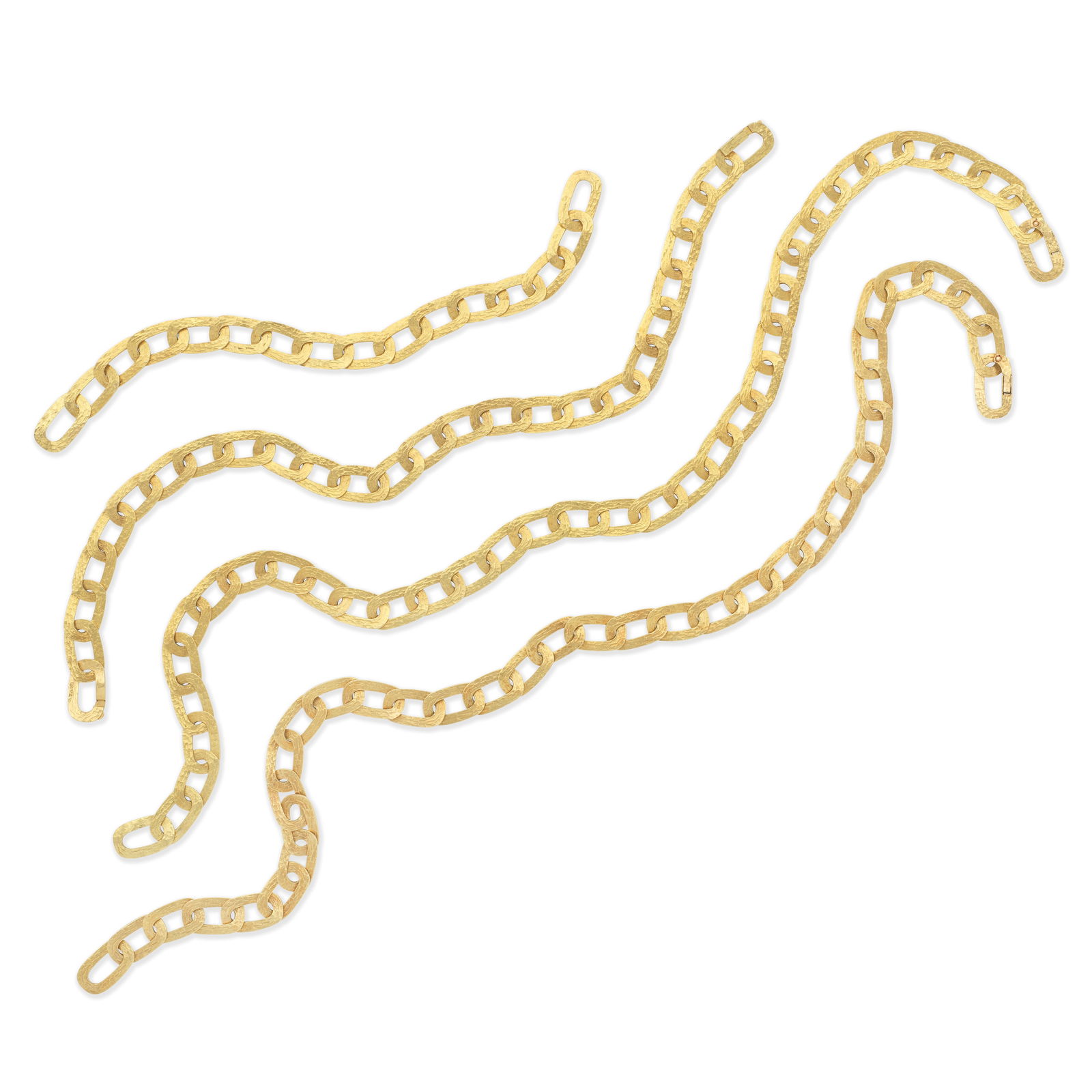 GRIMA: INTERCHANGEABLE FANCY-LINK NECKLACE/BELT COMBINATION, 1975 (4): GRIMA: INTERCHANGEABLE FANCY-LINK NECKLACE/BELT COMBINATION, 1975 Of textured oval-linking, composed of four interchangeable sections, mounted in 18 carat gold, signed Grima, maker's mark AGLtd, Londo