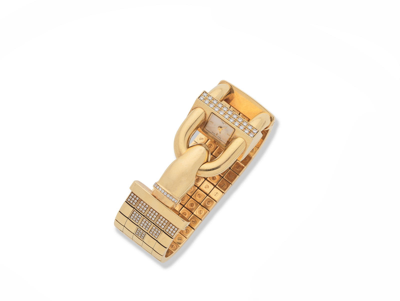 VAN CLEEF & ARPELS: 'CADENAS' DIAMOND WATCH: VAN CLEEF & ARPELS: 'CADENAS' DIAMOND WATCH The highly articulated five row square-link bracelet, set with brilliant-cut diamonds in 18 carat gold, with screw detailing to the reverse, the rectangular
