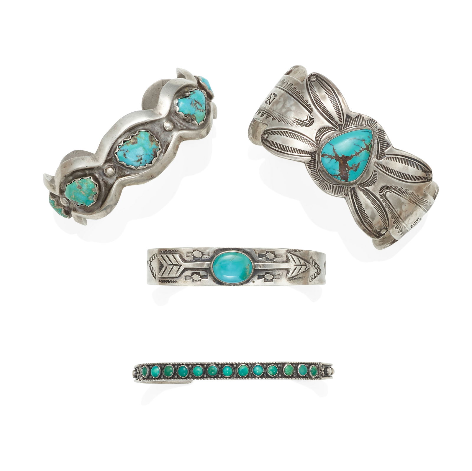Four Diné (Navajo) or Zuni cuff bracelets: Four Diné (Navajo) or Zuni cuff bracelets Each of silver set with turquoise, comprising a thin Zuni row bracelet, a Fred Harvey cuff with arrow motif, a shaped cuff with seven graduated stones, a