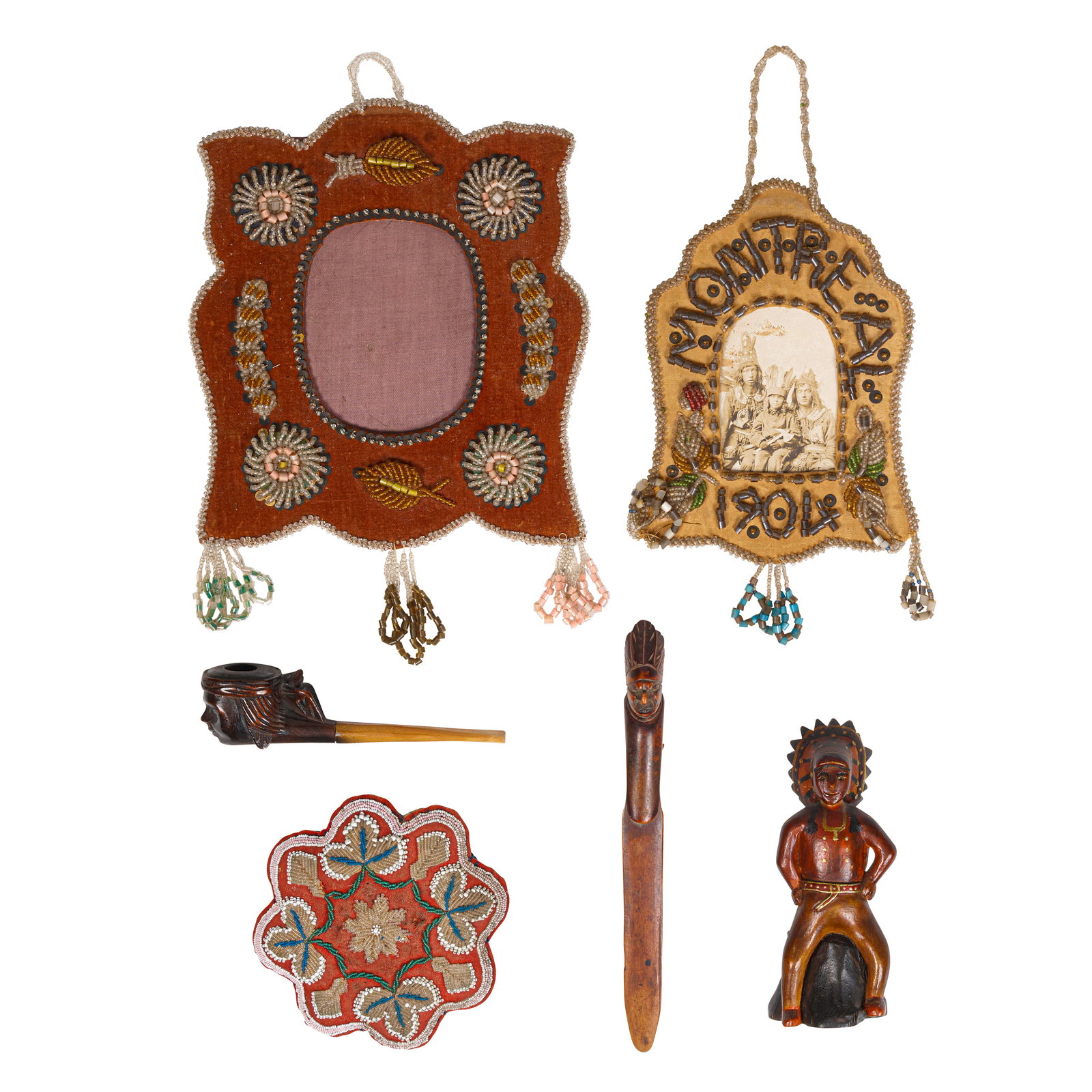 A grouping of Woodlands beaded material and related items: A grouping of Woodlands beaded material and related items Comprising a scalloped beaded whimsy and two foliate-motif beaded picture frames, one further beaded: Montreal / 1904; together with a group o