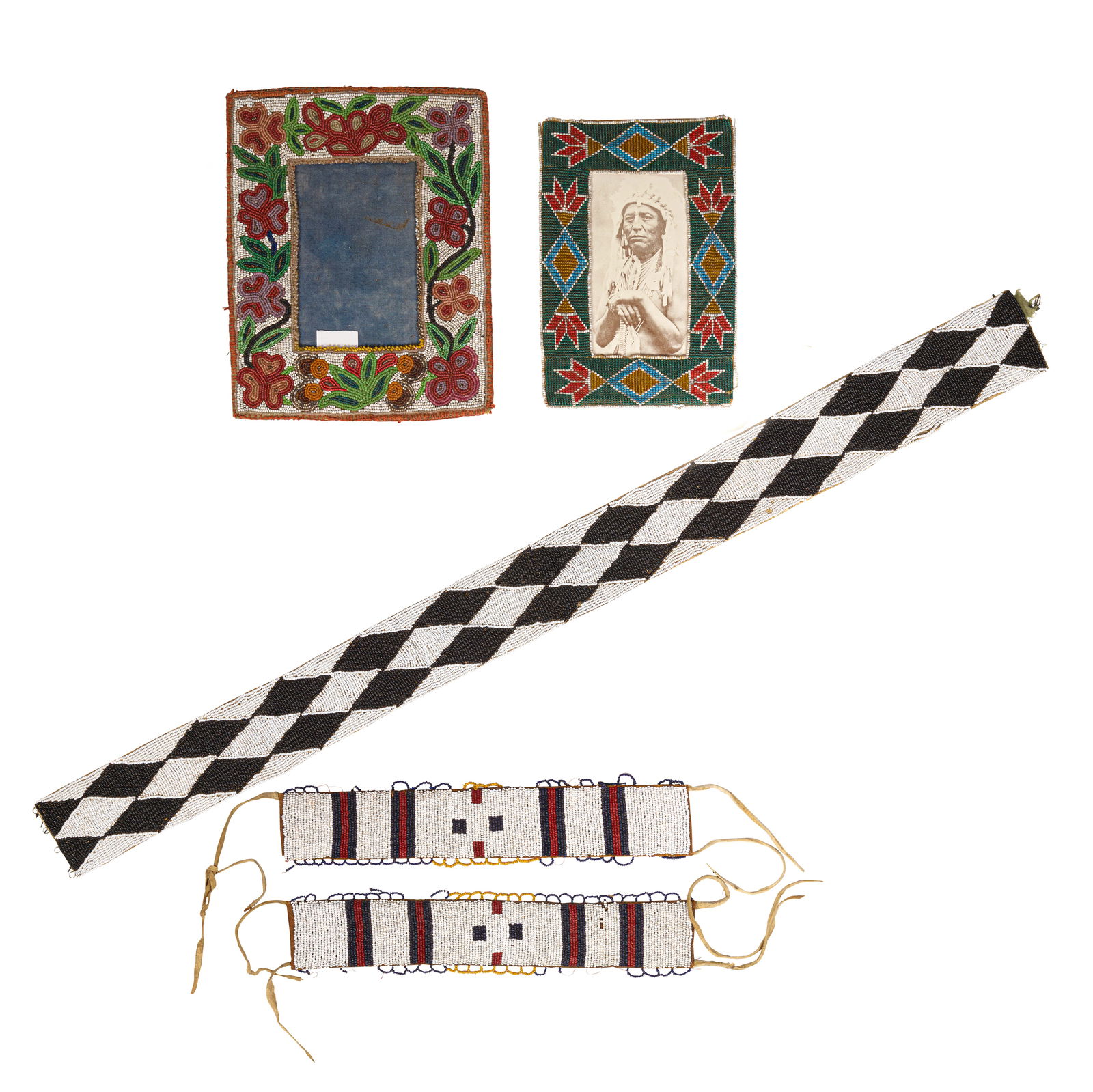 Group of Plains or Plateau beaded items: Group of Plains or Plateau beaded items Including two Plains or Plateau beaded picture frames (one loom beaded and geometric, the other floral), a geometric beaded belt, and a pair of geometric beaded