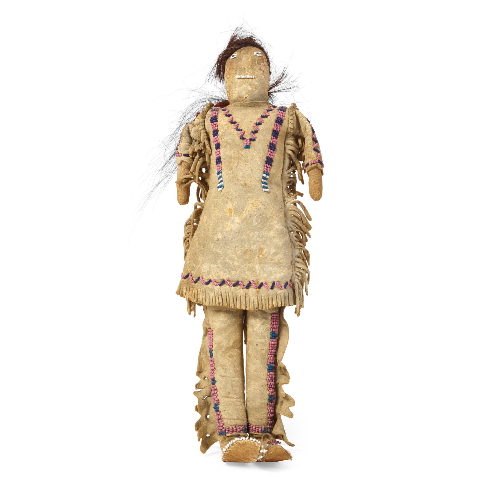An Apache doll: An Apache doll Of fabric and hide construction with partially beaded clothing, beaded mouth and eyes, and red face paint, with ribbon-tied horsehair coiffure. length 12 3/4in, width 5in