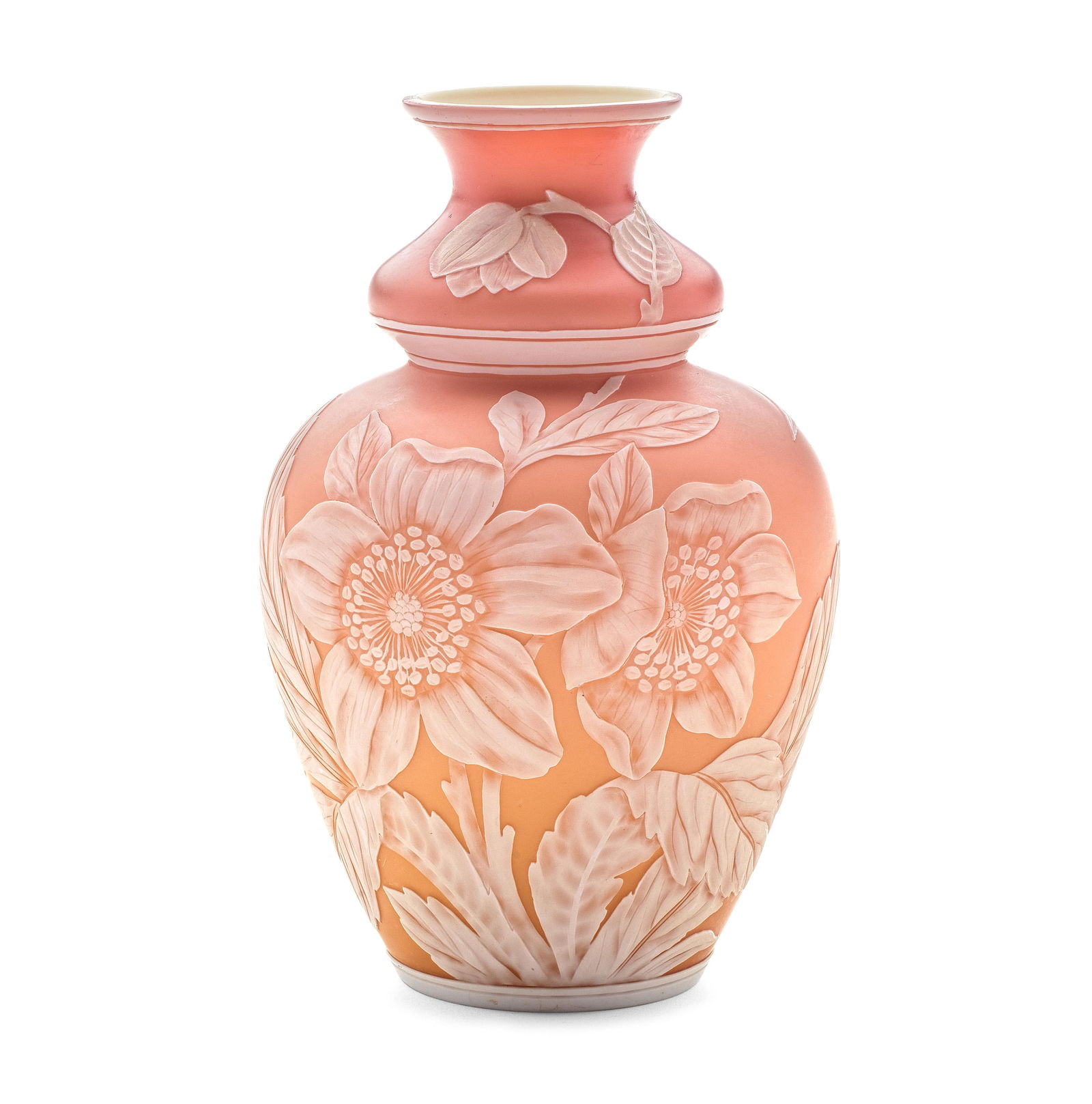 A fine Thomas Webb and Sons cameo 'peachblow' glass vase, circa 1885-90: A fine Thomas Webb and Sons cameo 'peachblow' glass vase, circa 1885-90 The double-gourd baluster form in cream glass overlaid in opaque white, fully carved with a Christmas Rose or hellebore bearing