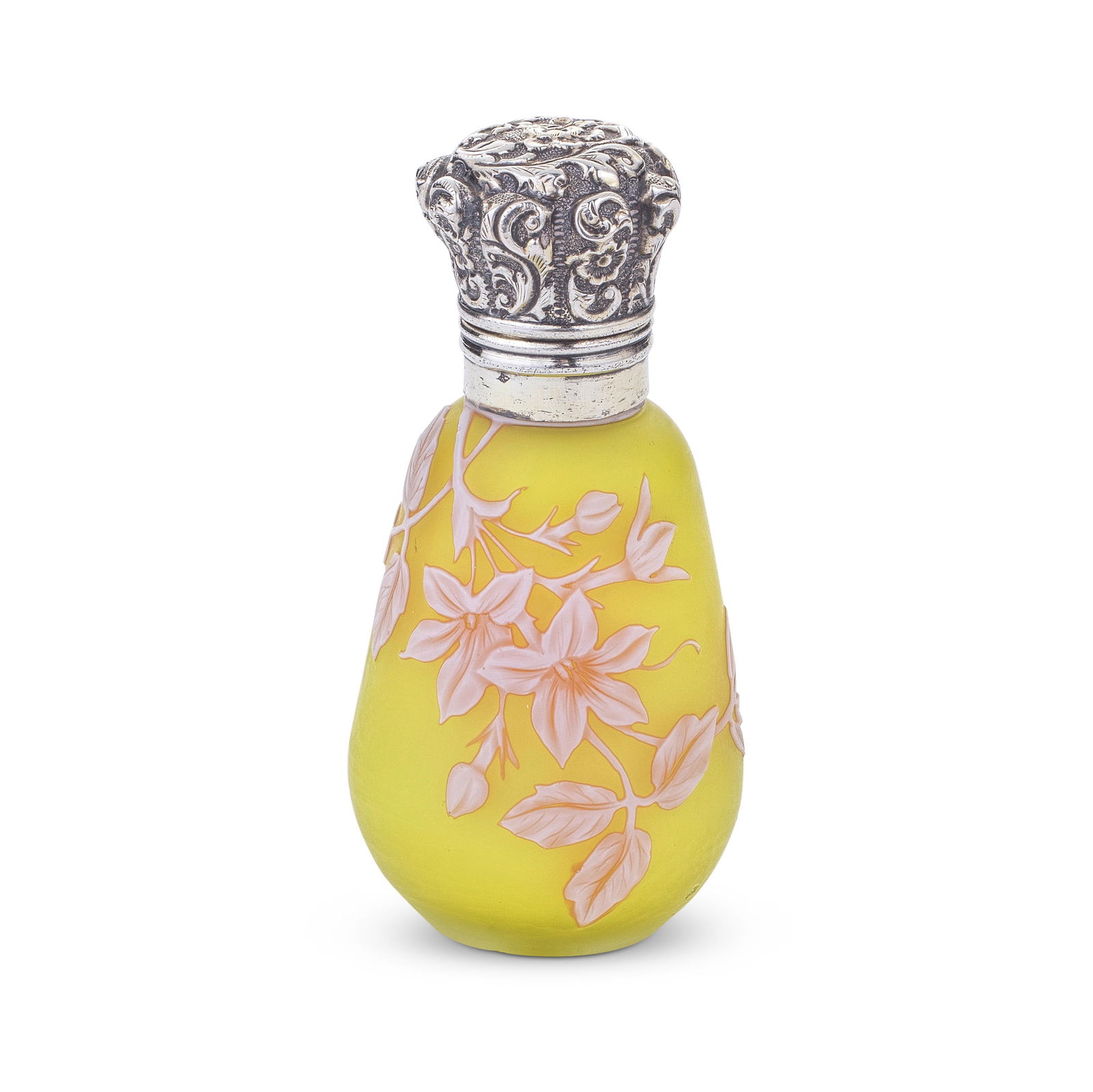 A fine Thomas Webb and Sons silver-mounted three-layer cameo glass scent bottle and stopper, cir...: A fine Thomas Webb and Sons silver-mounted three-layer cameo glass scent bottle and stopper, circa 1880 Of tapering form overlaid with layers of opaque white and red on a bright yellow ground, delicat
