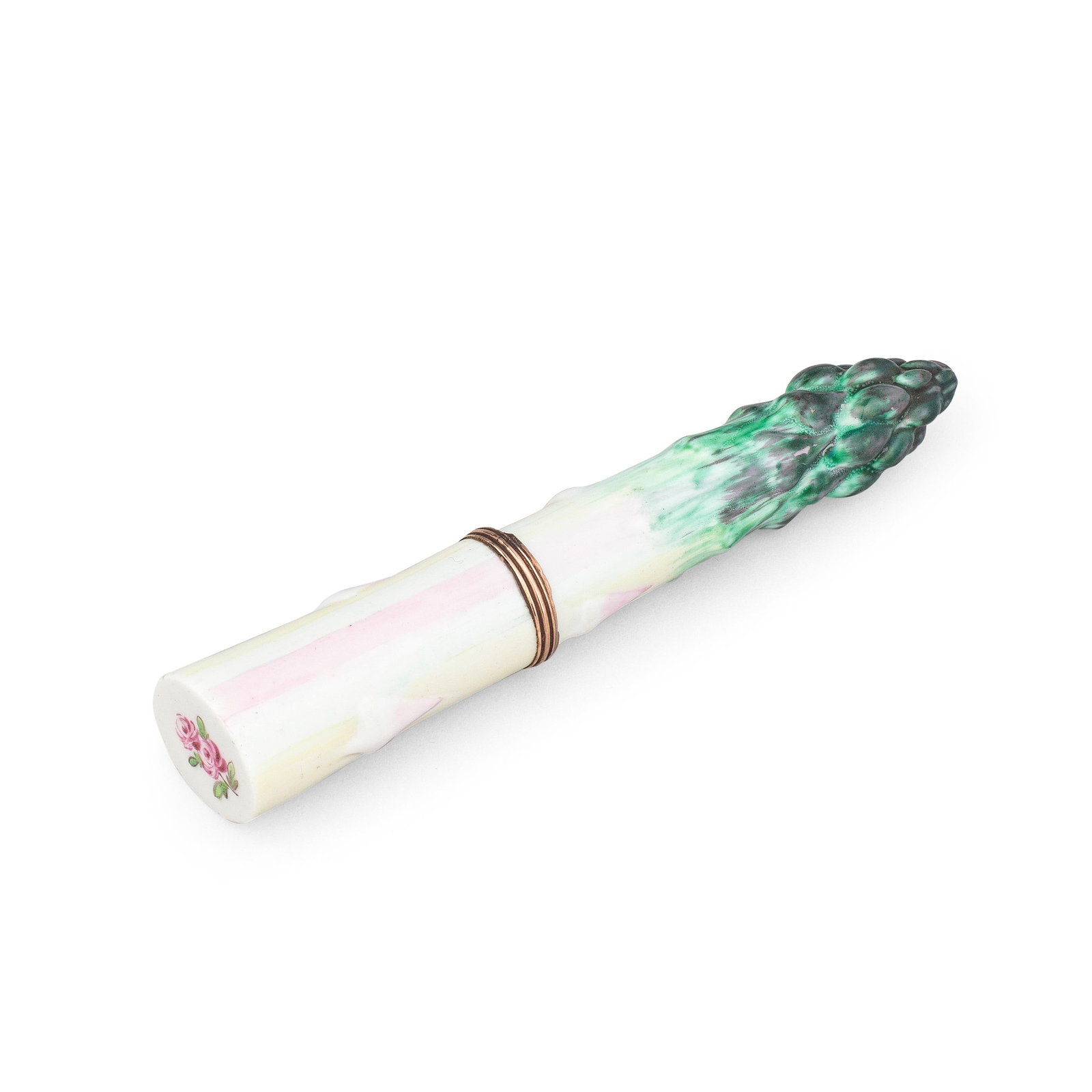 A St James's (Charles Gouyn) needle case, circa 1751-59: A St James's (Charles Gouyn) needle case, circa 1751-59 Modelled as an asparagus spear, the top of the shoot realistically coloured in tones of green, the lower section with vertical stripes in very p