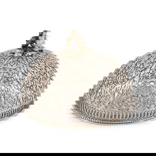 Italian Sterling Silver Dish Cover,: Italian Sterling Silver Dish Cover, maker's mark obscured, mid-20th century, intricately pierced, domed form with bead border to the base and surmounted by floral finial, dia. 11 in., approx. 49.90