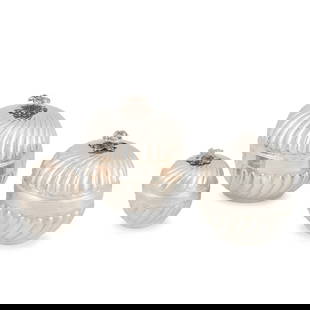 Set of Three Continental .900 Silver Lidded Jars,: Set of Three Continental .900 Silver Lidded Jars, 20th century, of graduating size, globular form, gadrooned throughout with central banded, topped by a floriform finial, largest measures 5 in.,