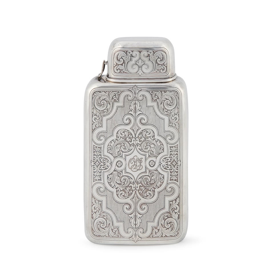 Large Tiffany & Co. Sterling Silver Flask,: Large Tiffany & Co. Sterling Silver Flask, New York, 1907-1938, monogrammed, in the Art Deco style, decorated with scrolled foliage inside elaborate cartouches, ht. 6 1/2 in., approx. 13.40 in. For f