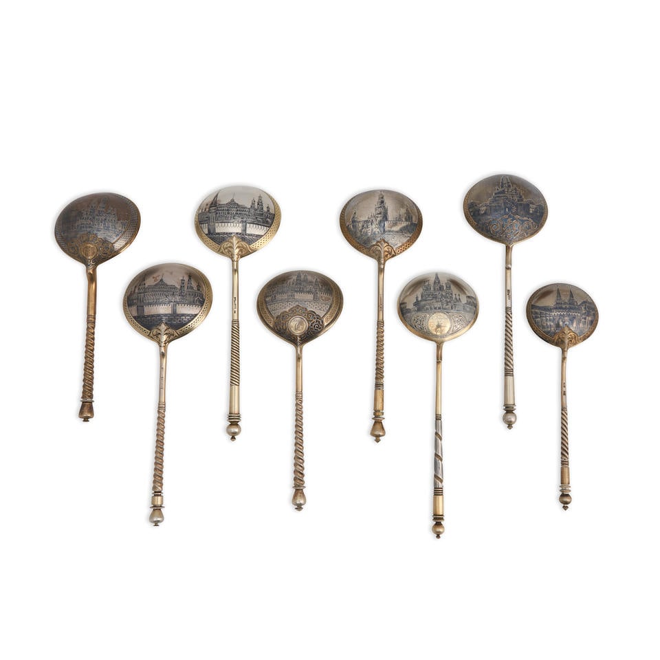 Eight Russian .875 Silver-gilt Niello Spoons, (1 of 1)