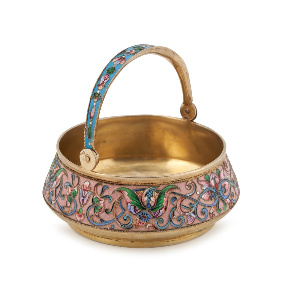 Russian .874 Silver-Gilt and Cloisonne Enamel Silver Sugar Basket, (1 of 2)