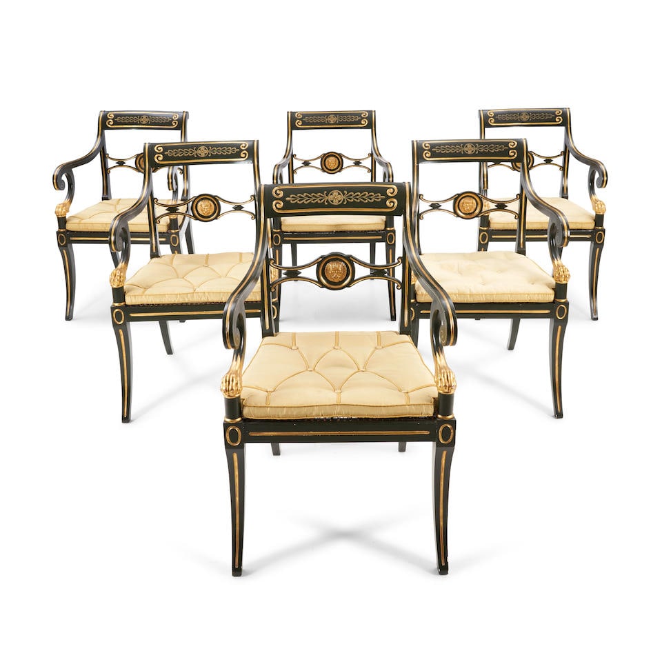 Six Regency-style Ebonized and Parcel Gilt Armchairs, 20th century, (1 of 1)