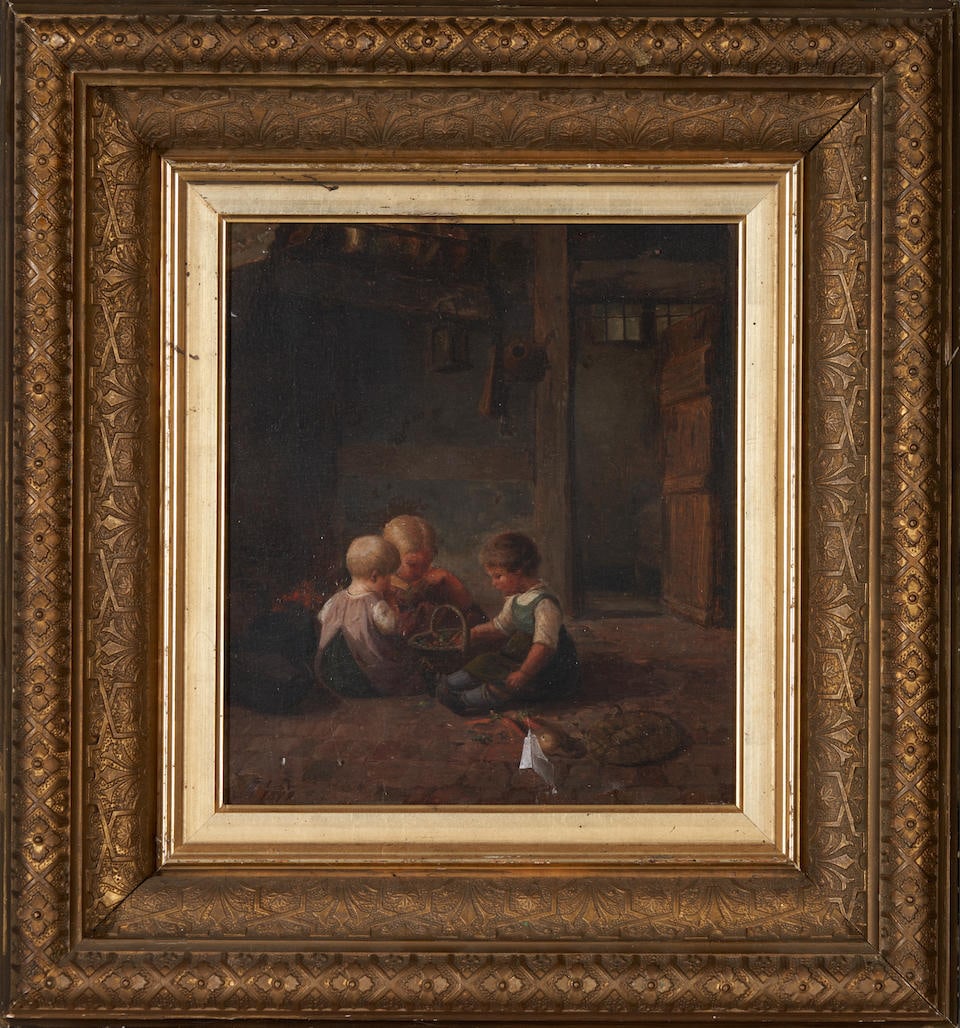 Continental School (19th century) Three Children Playing with a Basket of Vegetables framed 40.5... (1 of 4)