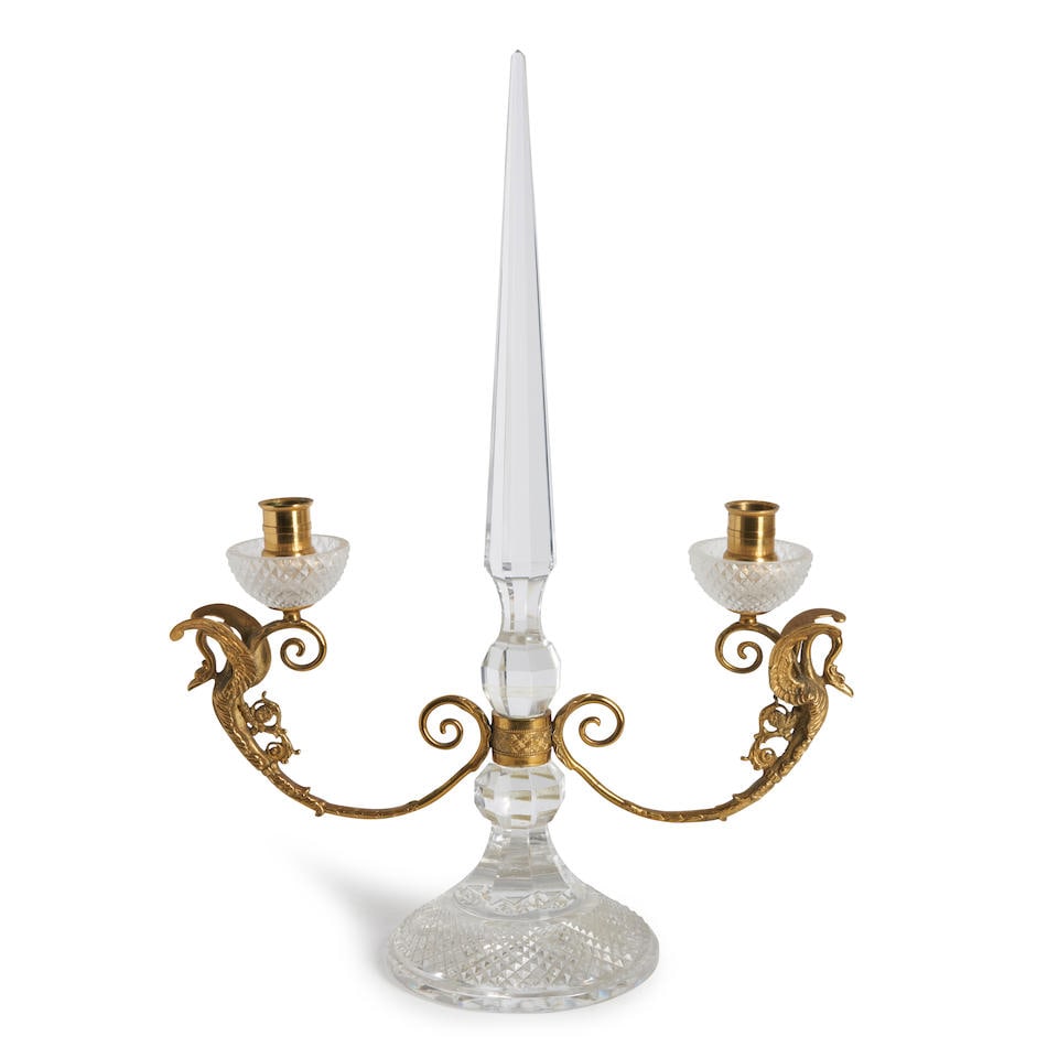 Empire-style Two Light Gilt Brass and Crystal Candelabra, 20th century, (1 of 1)