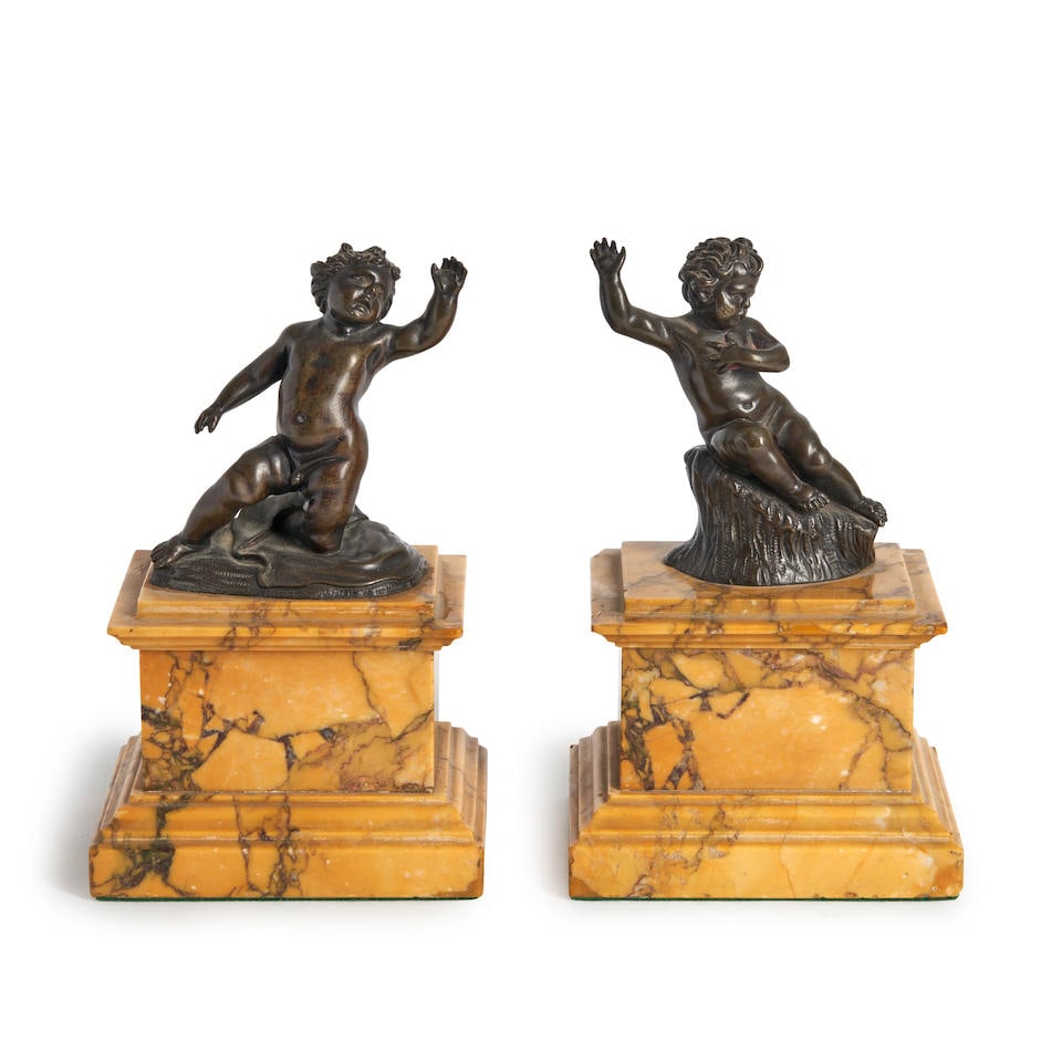 Pair of Siena Marble and Patinated Metal Putti,  France, 19th century, (1 of 1)