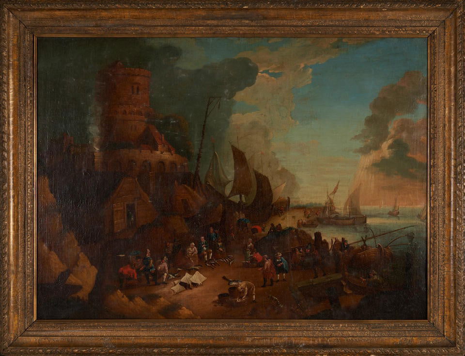 After Lucas Smout the Younger, Dutch (17th century) A Bustling Harbor with Fishmongers and Boats... (1 of 3)
