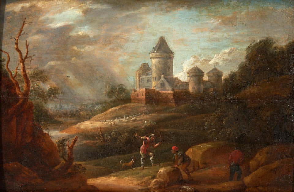 Manner of David Teniers the Younger, Flemish (17th/18th century) Landscape with a Castle, Figure... (1 of 3)