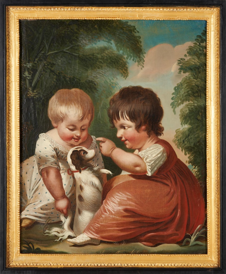 Continental School (19th century) Children Playing with a Dog framed 78.5 x 64.5 x 4.5 cm (30 7/... (1 of 3)