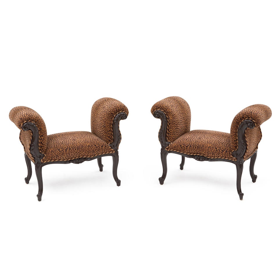 Pair of Louis XV-style Window Seats, France, 19th century,: Pair of Louis XV-style Window Seats, France, 19th century, scrolled foliate to carved and painted frames with animal print upholstery, lg. 38, ht. 29 1/2 in. For further information on this lot please