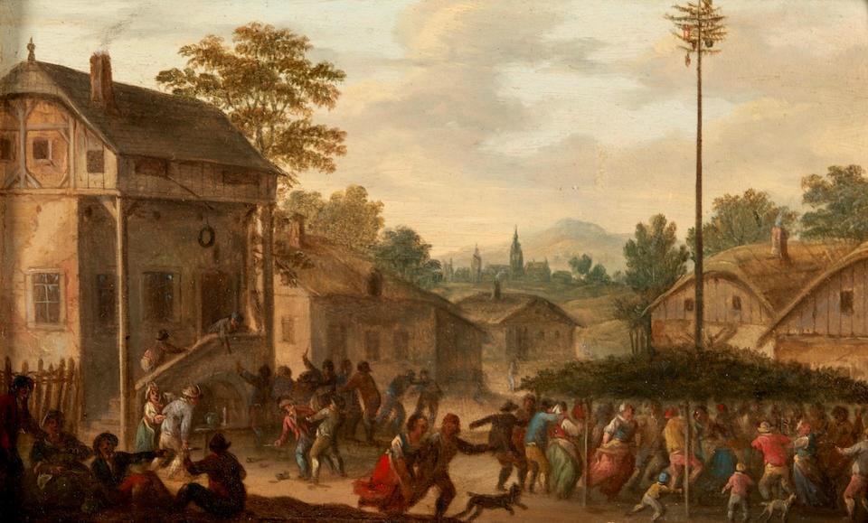 Dutch School (17th/18th Century) A Pair of Village Scenes: May Day Revelers and Farmyard with Li... (1 of 4)