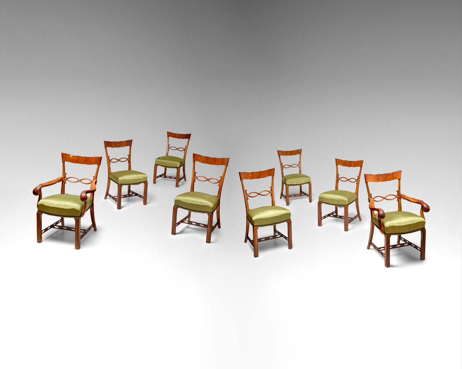 OTTO PRUTSCHER (1880-1949) Set of Eight Dining Chairs1924for Anton Popischil, solid and veneered...: OTTO PRUTSCHER (1880-1949) Set of Eight Dining Chairs 1924 for Anton Popischil, solid and veneered walnut, satin upholstery, comprising set of six side chairs and pair of armchairs each armchair heigh