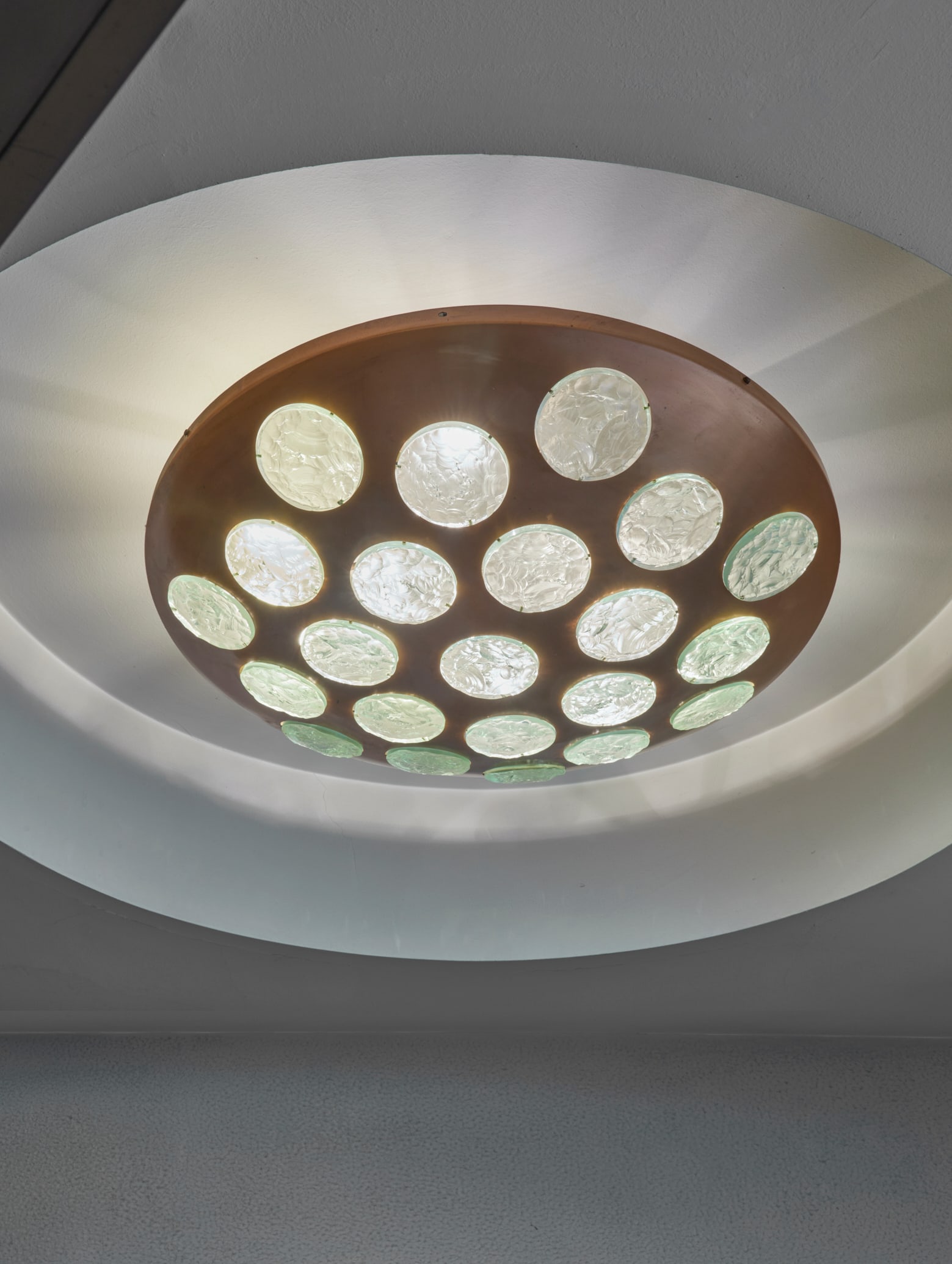 MAX INGRAND (1908-1969) Monumental Special-Order Ceiling Lightcirca 1956for Fontana Arte, froste...: MAX INGRAND (1908-1969) Monumental Special-Order Ceiling Light circa 1956 for Fontana Arte, frosted and chiseled glass by Duilio Barnabe (Dube), copper height 11 1/2in (29cm); diameter 36 1/2in (93cm)